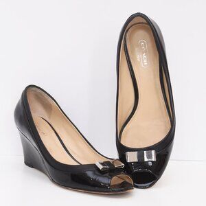 Coach Black Patent Leather Peeptoe Wedge Heel Shoes w/Silver Bow Georgann 7B